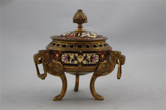 A late 19th / early 20th century French champleve and ormolu vase and cover, 4.5in.